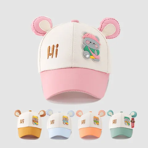 Cute Kids Baseball Cap Cartoon Bear Embroidery 3D Ears Sun Hat Cotton Blend Color Block Duck Tongue Cap For Boys Girls