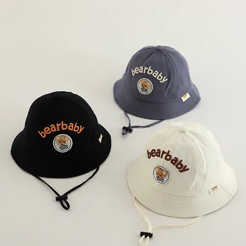 Cute Cartoon Bear Baby Toddler Bucket Hat Adjustable Windproof Rope Sun Protection Cotton Basin Cap Kids Summer Accessory