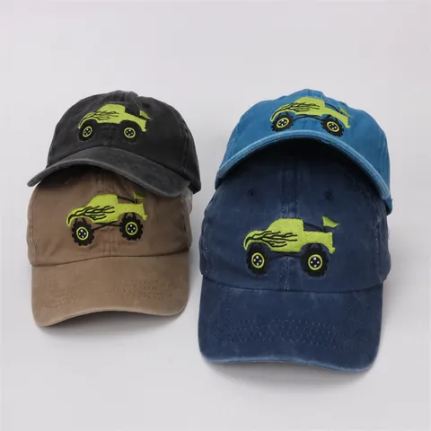 Kids Washed Cotton Baseball Cap Monster Truck Embroidery Cartoon Car Sun Hat Boys Girls Toddler Outdoor Duck Tongue Hat