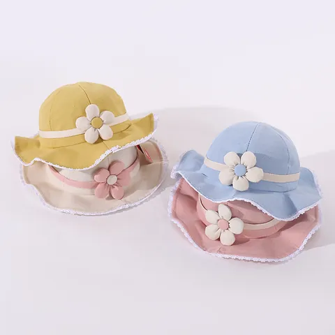 Toddler Girls Cotton Sunshade Fisherman Hat With 3D Flower Decoration Lace Trim Breathable Outdoor Bucket Hat For Kids