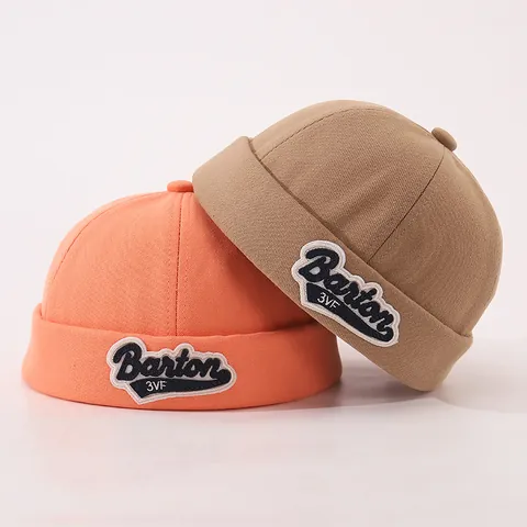 Kids Fashion Solid Color Brimless Hat Toddler Boys Girls Retro Docker Cap Miki Hat With Barton Letter Embroidered Patch Cotton Casual Sun Protection Hat