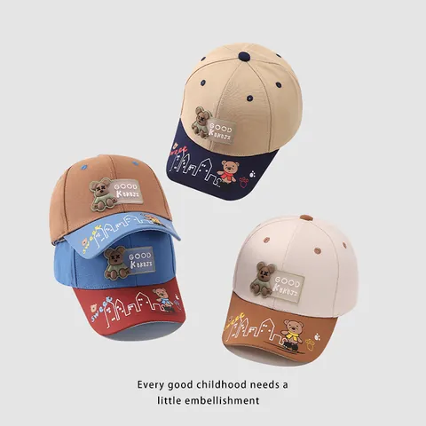 Gorra de Béisbol para Niños Parche de Oso de Dibujos Animados Bloque de Color Gorra con Visera Ajustable Protección Solar Algodón
