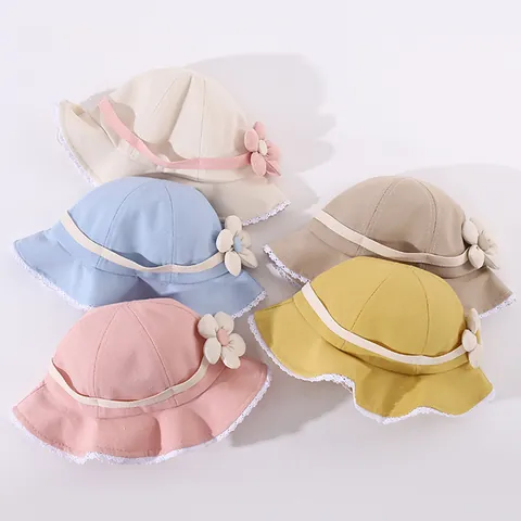 Toddler Girls Cotton Sunshade Fisherman Hat With 3D Flower Decoration Lace Trim Breathable Outdoor Bucket Hat For Kids