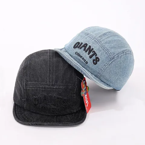 Vintage Kids Denim 5 Panel Camper Hat With GIANTS Embroidery Adjustable Short Brim Sun Protection Baseball Cap For Toddlers