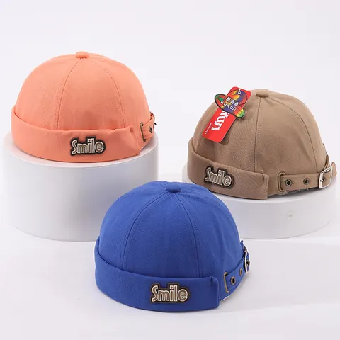 Vintage Kids Brimless Docker Hat With Smile Letter Patch Adjustable Cotton Miki Hat For Boys Girls Toddler Casual Hat