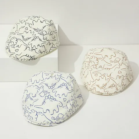 Kids Cartoon Dinosaur Print Beret Hat Cotton Blend Adjustable Flat Cap For Toddlers Cute Sun Protection Newsboy Ivy Cap