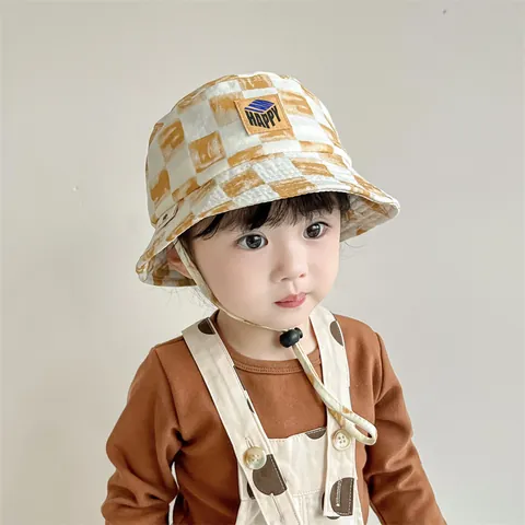 Sombrero de Pescador de Tablero de Ajedrez para Niños Mezcla de Algodón Protección Solar para Niños Niñas Bebé Con Correa Ajustable