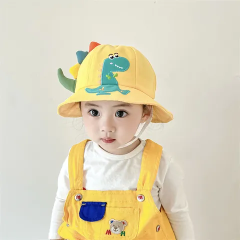 Kids Cartoon Dinosaur Bucket Hat With 3D Fins Sunshade Cotton Blend Summer Fisherman Cap For Boys Girls 1-4 Years Old