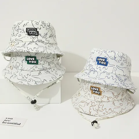 Kids Cotton Blend Dinosaur Print Bucket Hat With Adjustable Windproof Rope Sun Protection Fisherman Hat Toddler Sunshade Cap