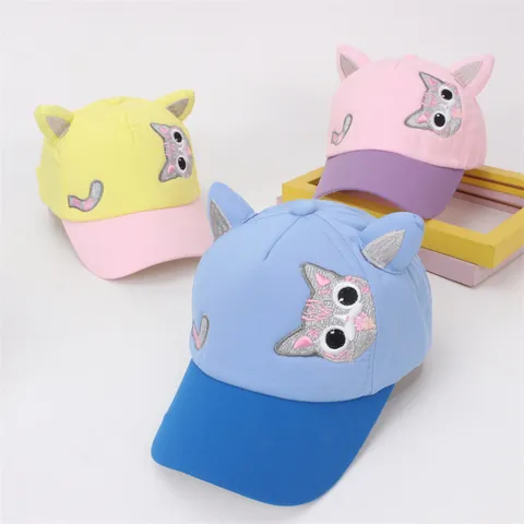 Kids Cartoon Cat Ears Baseball Cap Cotton Blend Color Block Sun Protection Sunshade Hat For Girls Casual Outdoor Cute Embroidery Hat