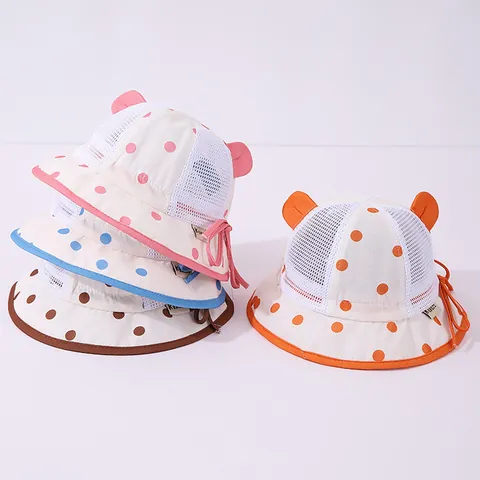 Summer Baby Bucket Hat Breathable Mesh Polka Dot Sun Hat With Cute 3D Ears Shading Fisherman Cap For Toddlers Kids Boys Girls