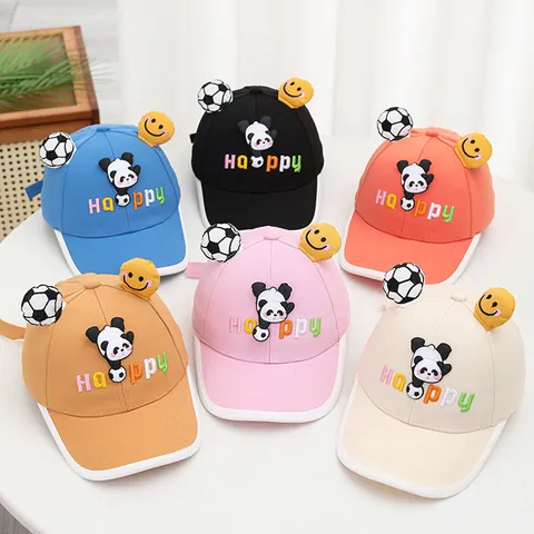 Kids Baseball Cap Cotton Polyester Cartoon Panda 3D Soccer Smile Face Embroidered Happy Sun Protection Adjustable Hat