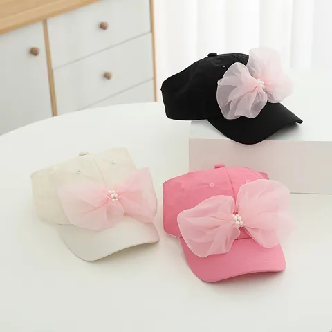 Visera de Sol para Niñas con Lazo Grande de Malla y Perlas Artificiales Protección Solar de Verano de Secado Rápido Gorra de Béisbol