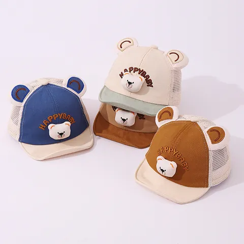 Cappellino da Baseball in Rete per Neonati Con Orecchie d'Orso Carine Ricamo a Cartone Animato Traspirante Cappello Parasole