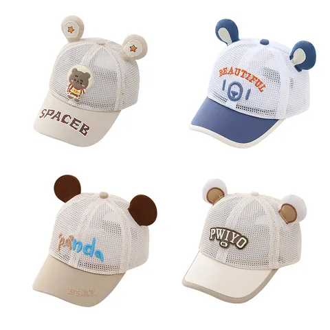 Kids Summer Mesh Baseball Cap With 3D Bear Ears Breathable Sun Protection Toddler Trucker Hat Cartoon Astronaut Bear For Boys Girls