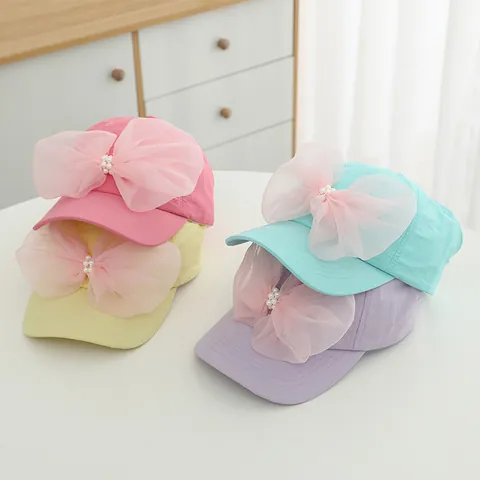 Visera de Sol para Niñas con Lazo Grande de Malla y Perlas Artificiales Protección Solar de Verano de Secado Rápido Gorra de Béisbol