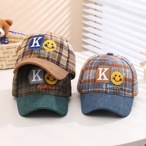 Kids Winter Plaid Baseball Cap With Faux Fur Pompom Corduroy Brim Letter K Smiley Embroidery Warm Windproof Outdoor Peak Cap For Toddler