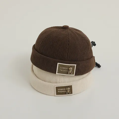 Peuter Kinderen Corduroy Dockermuts Zonder Rand Vintage Verstelbare Beanie Met Metalen Beer Voor Jongens Meisjes Winter