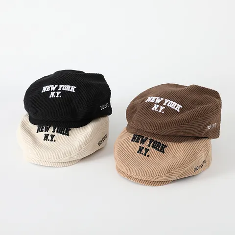 Kids Baby Corduroy Cotton Beret Hat Vintage Letter Embroidery Flat Cap Adjustable Autumn Winter Warm Boys Girls Newsboy Hat