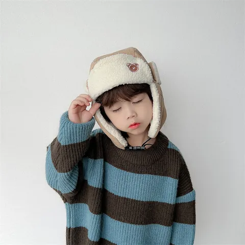 Niños Gorro de Trampero Térmico Invierno Parche Oso Pana Forro Sherpa Orejeras Resistente al Viento Hebilla Ajustable