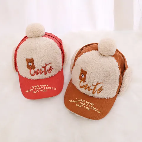 Kinder Winter Cord Lei Feng Hut Mit Lammwolle Ohrenschützer Süßes Cartoon Bär Stickerei Warm Winddicht Outdoor Schnee Baseballkappe Für Jungen Mädchen