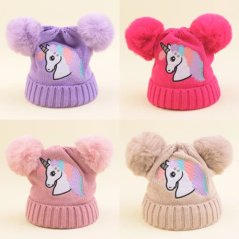 Children Knit Hat With Unicorn Embroidery Warm Winter Beanie For Toddler Girls Dual Pom Pom Ear Protection Cartoon Cap
