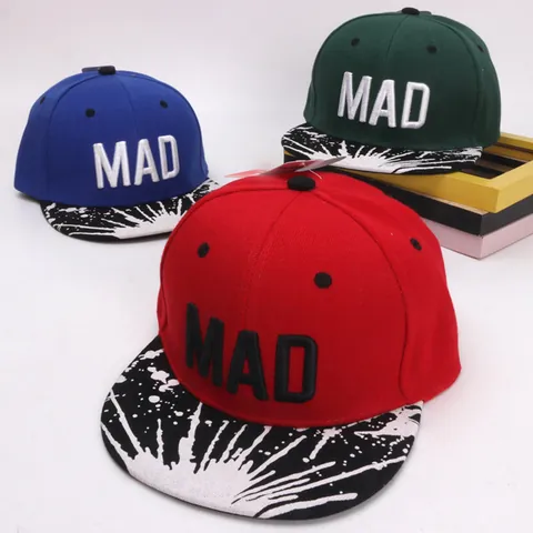 Gorra de Béisbol Hip Hop para Niños Ala Plana Bordado de Letras MAD Patrón de Salpicaduras Sombrero Snapback Ajustable para Niños Niñas