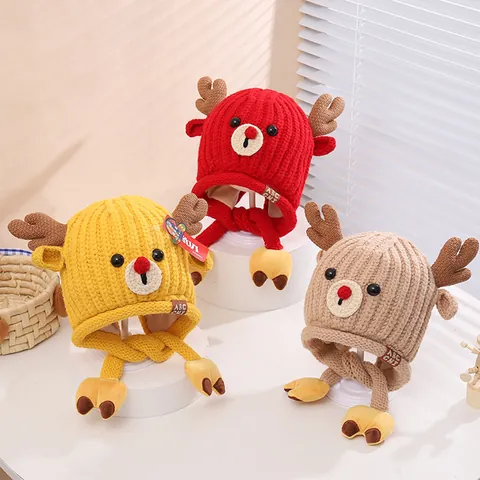 Kids Winter Knit Reindeer Hat With 3D Antlers Warm Ear Protection Beanie For Children Christmas Cartoon Animals Hat