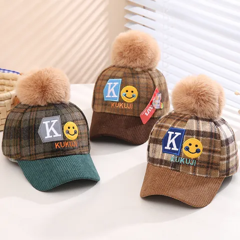 Kids Winter Plaid Baseball Cap With Faux Fur Pompom Corduroy Brim Letter K Smiley Embroidery Warm Windproof Outdoor Peak Cap For Toddler