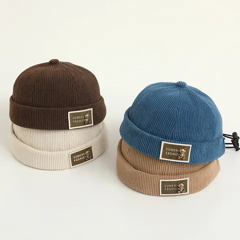Peuter Kinderen Corduroy Dockermuts Zonder Rand Vintage Verstelbare Beanie Met Metalen Beer Voor Jongens Meisjes Winter