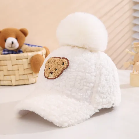 Kids Winter Fleece Baseball Cap With Cute Bear Patch And Fluffy Pom Pom Warm Windproof Adjustable Hat For Boys Girls