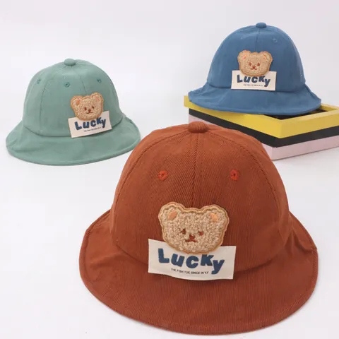 Cappello a Secchiello in Velluto a Coste per Bambini Lucky Bear Patch Caldo Autunno Inverno Cappello da Pescatore per Piccoli