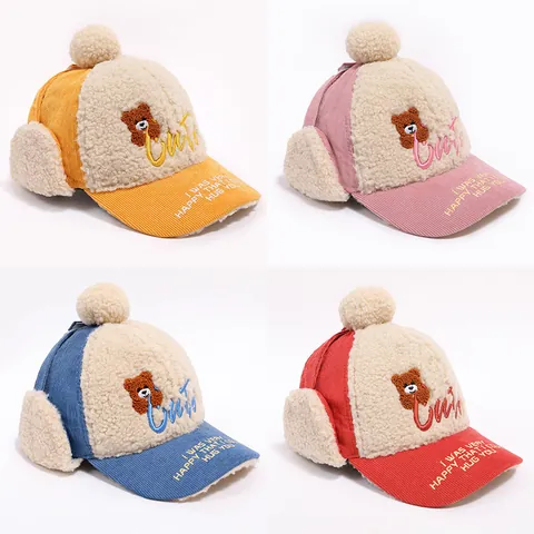 Kinder Winter Cord Lei Feng Hut Mit Lammwolle Ohrenschützer Süßes Cartoon Bär Stickerei Warm Winddicht Outdoor Schnee Baseballkappe Für Jungen Mädchen