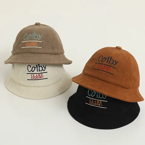 Cappello a Secchiello in Corduroy per Bambini Autunno Inverno Caldo Cappello da Pescatore Ricamo Lettere Cappello da Sole per Ragazzi Ragazze