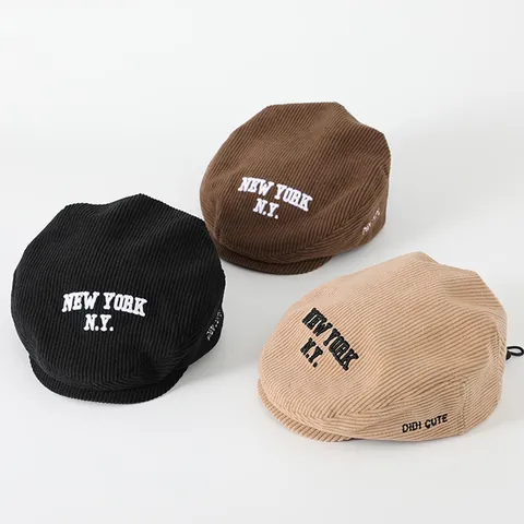 Kids Baby Corduroy Cotton Beret Hat Vintage Letter Embroidery Flat Cap Adjustable Autumn Winter Warm Boys Girls Newsboy Hat