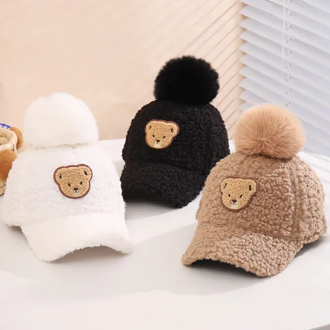 Kids Winter Fleece Baseball Cap With Cute Bear Patch And Fluffy Pom Pom Warm Windproof Adjustable Hat For Boys Girls