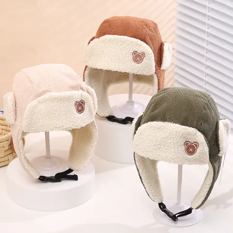 Niños Gorro de Trampero Térmico Invierno Parche Oso Pana Forro Sherpa Orejeras Resistente al Viento Hebilla Ajustable