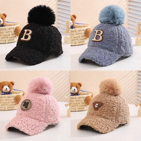 Kids Sherpa Fleece Baseball Cap With Large Faux Fur Pom-pom Warm Winter Adjustable Letter Patch Hat For Boys Girls