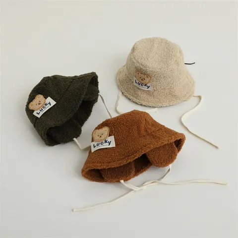Toddler Kids Winter Warm Polar Fleece Bucket Hat With Bear Patch Lucky Letter Ear Flap Windproof Outdoor Fishing Cap