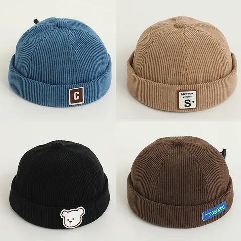 Kids Corduroy Docker Hat Vintage Brimless Melon Cap Adjustable Children Beanie With Bear Embroidery And Letter Patch Warm Hat