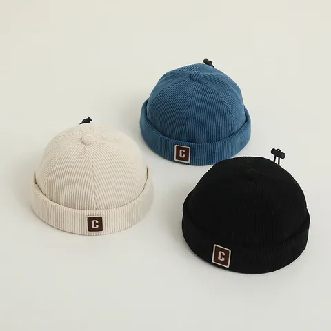 Kids Corduroy Docker Hat Vintage Brimless Melon Cap Adjustable Children Beanie With Bear Embroidery And Letter Patch Warm Hat