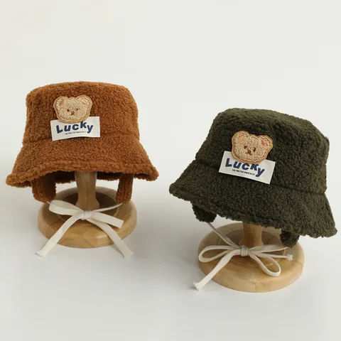 Toddler Kids Winter Warm Polar Fleece Bucket Hat With Bear Patch Lucky Letter Ear Flap Windproof Outdoor Fishing Cap