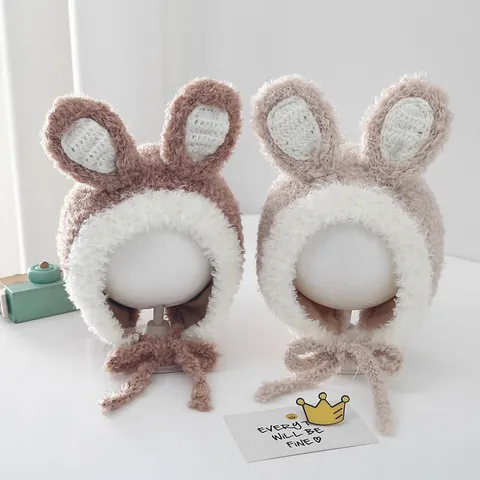 Kids Winter Trapper Hat With Plush Rabbit Ears For Toddler Boys Girls Warm Knit Earflap Hat Windproof Soft Faux Fur Cap