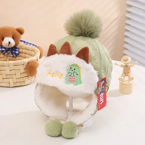 Kids Winter Cartoon Dinosaur Ear Protection Hat Faux Fur Lei Feng Cap Warm Windproof Quilted Plush Hat For Boys Girls
