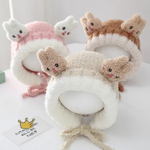 Toddler Kids Winter Trapper Hat Cute Cartoon Rabbit Ears Plush Warm Ear Protection Windproof Cap For 2-6 Years Boys Girls