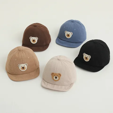 Kids Corduroy Baseball Cap For Toddlers 1-4 Years Old Soft Brim Winter Warm Hat With Letter Bear Embroidery Patch Adjustable Baby Sun Hat