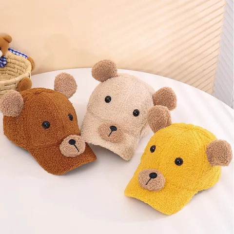 Berretto da Baseball in Pile Sherpa Invernale per Bambini Con Orecchie da Orso 3D Cartone Animato Regolabile Outdoor Caldo