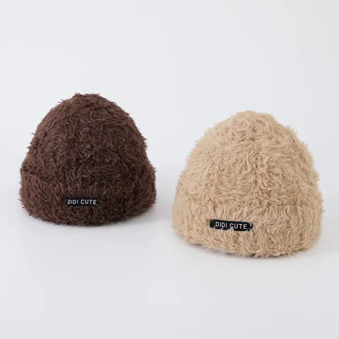 Kids Winter Warm Plush Knitted Hat Soft Faux Fur Beanie With DIDI CUTE Letter Patch Solid Color Toddler Cold Weather Cap