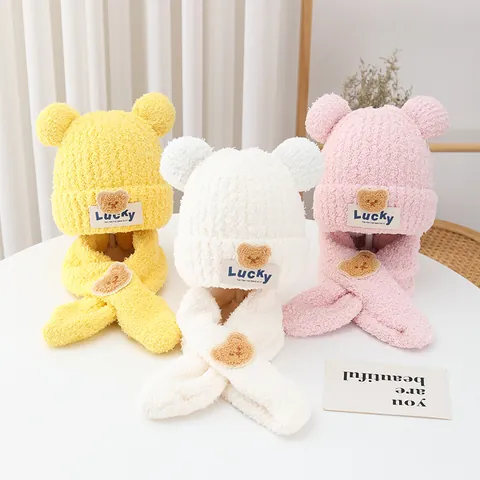 Children Winter Hat And Scarf Lucky Bear Ear Flap Knit Beanie Neck Warmer Outdoor Warm Fleece Lining Accessory For Boys Girls