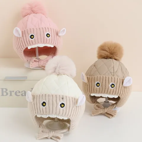 Kids Winter Warm Earflap Hat Cartoon Monster Pompom Knit Beanie Windproof Quilted Cap For Toddler Boys Girls Outdoor Thermal Hat